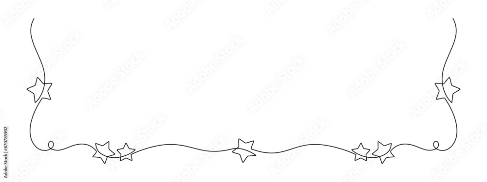 One continuous line drawing of Christmas frame and border with stars. Festive break line with flourish pattern in simple linear style. Doodle vector illustration