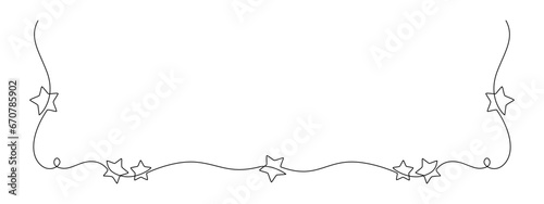One continuous line drawing of Christmas frame and border with stars. Festive break line with flourish pattern in simple linear style. Doodle vector illustration
