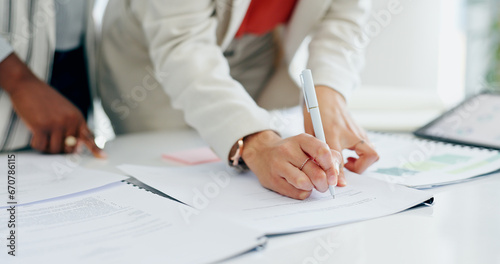 Hands, documents and women writing for signature, agreement or contract for b2b deal in office. Business people, paperwork and pen for sign, report or financial proposal with compliance in workplace