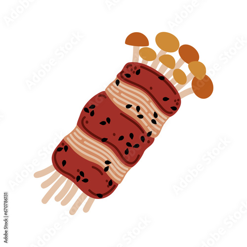 Enoki wrapped in bacon vector icon. Tasty Asian mushrooms with pork, BBQ sauce, sesame. Japanese or Korean fast street food. Hand drawn illustration isolated on white. Flat clipart for menu, delivery