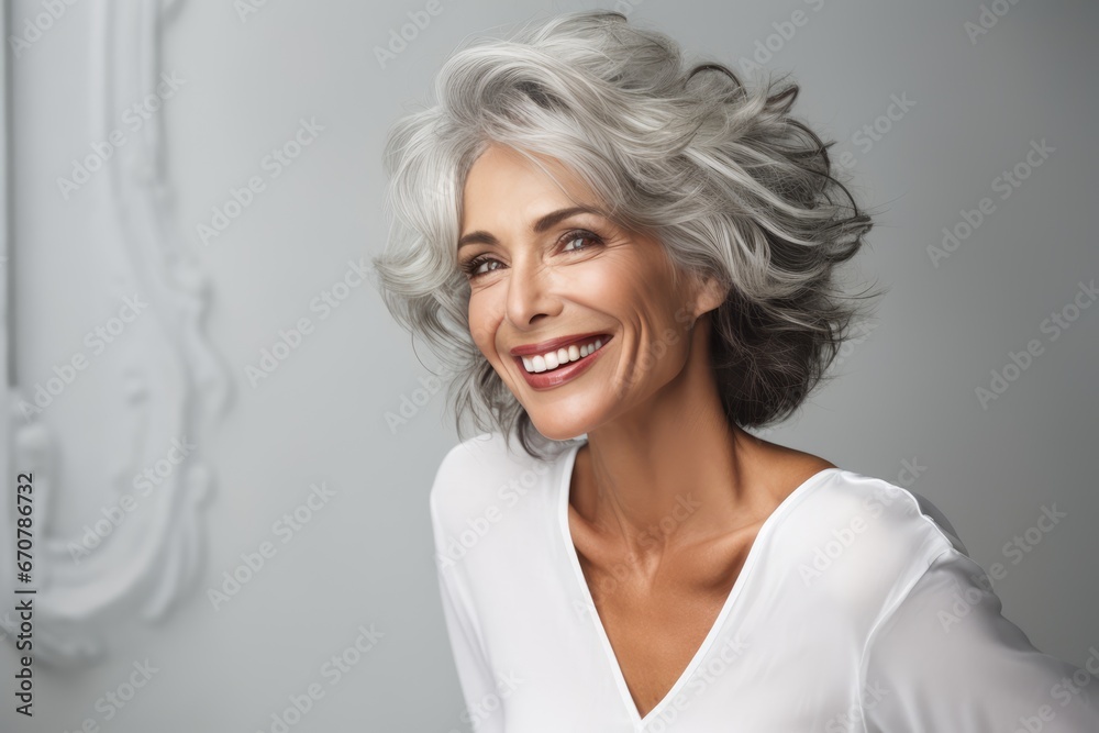Mature woman smiling smiling with grey curly hair to capture the moment.