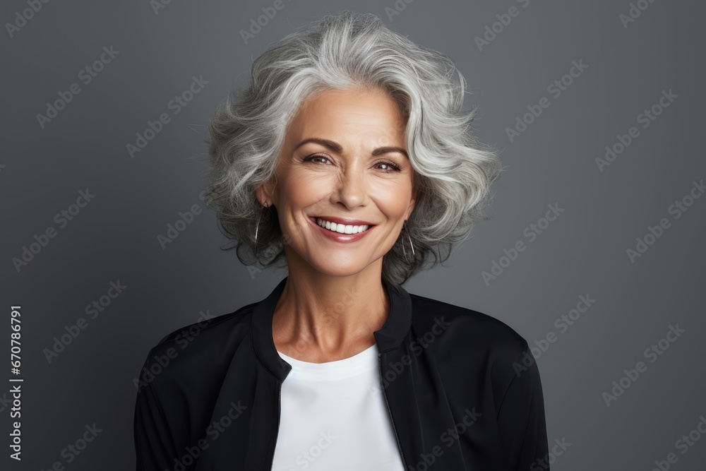 Mature woman smiling smiling with grey curly hair to capture the moment. Mature woman smiling smiling with grey curly hair to capture the moment.