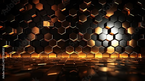 Abstract futuristic luxurious digital geometric technology hexagon background banner illustration 3d - Glowing gold, black hexagonal 3d shape texture wall. Decor concept. Wallpaper concept.Art concept