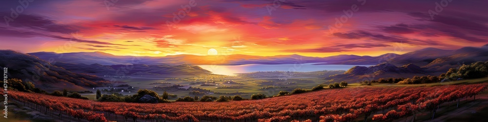 the sunset on a grape field of the vineyard, the sunset on a grape field of the vineyard,