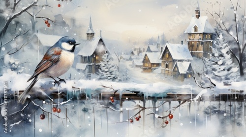 A charming winter scene with a bird perched on a branch overlooking snowy houses. © Liana