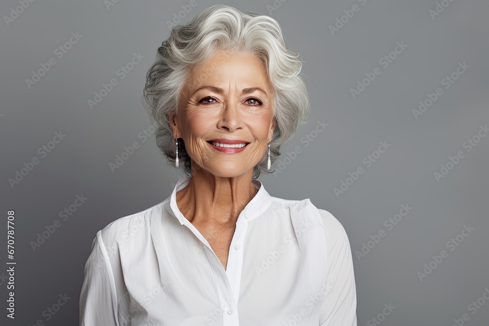 Mature woman smiling smiling with grey curly hair to capture the moment. Mature woman smiling smiling with grey curly hair to capture the moment.
