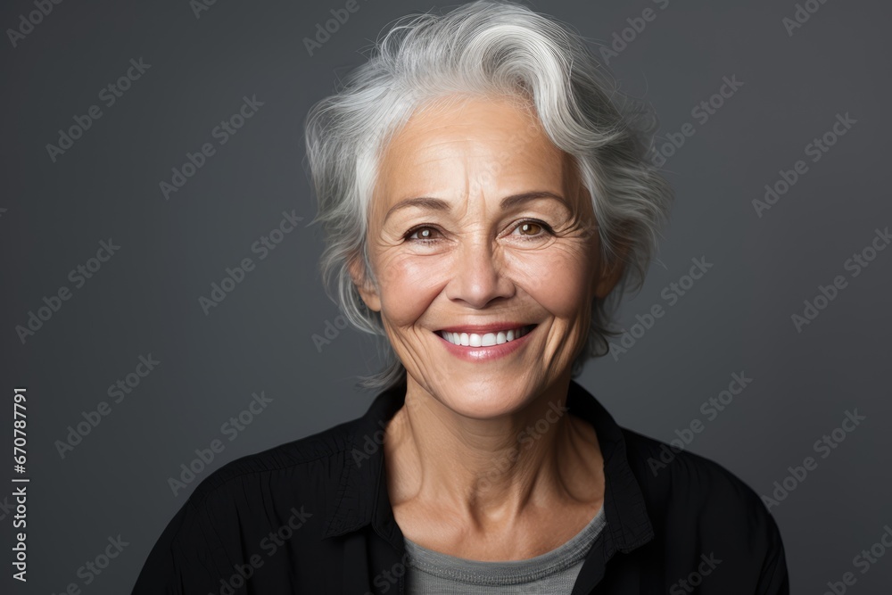 Mature woman smiling smiling with grey curly hair to capture the moment. Mature woman smiling smiling with grey curly hair to capture the moment.