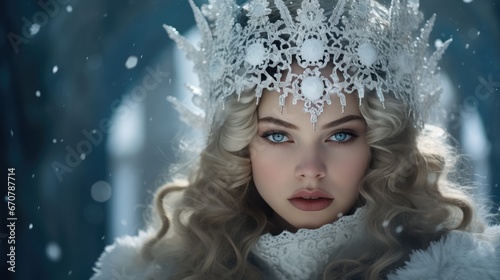 The frozen princess in a white dress in the style of fantasy characters, close-up shots