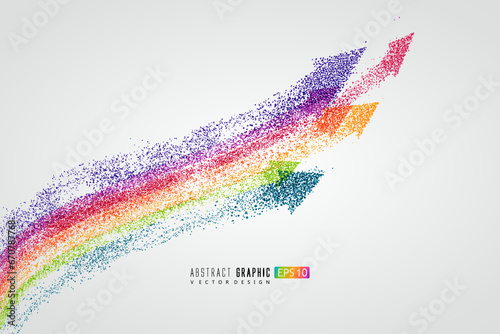 Countless colorful particles form a rainbow-shaped arrow, symbolizing rise and development, vector graphics.