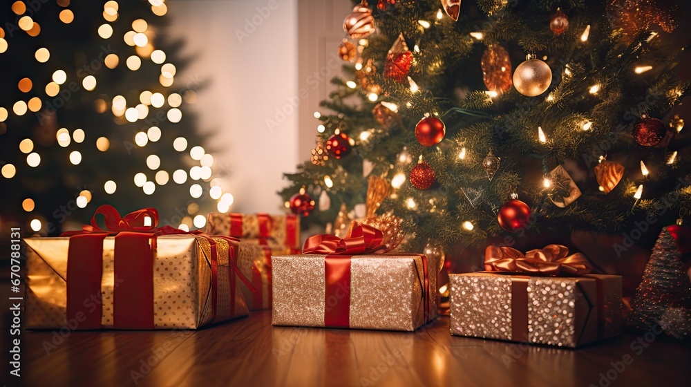 Christmas presents with gold bows on the floor in front of a Christmas tree