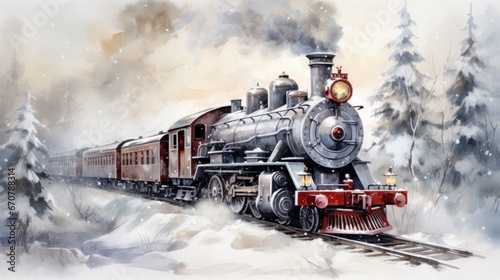 Classic steam locomotive traverses a snowy landscape surrounded by dense pine trees. 