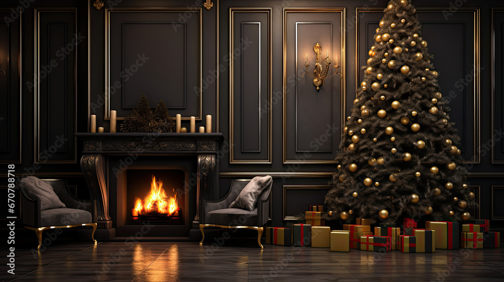 christmas fireplace with christmas trees in black walls. classic black interior with christmas tree and fireplace.