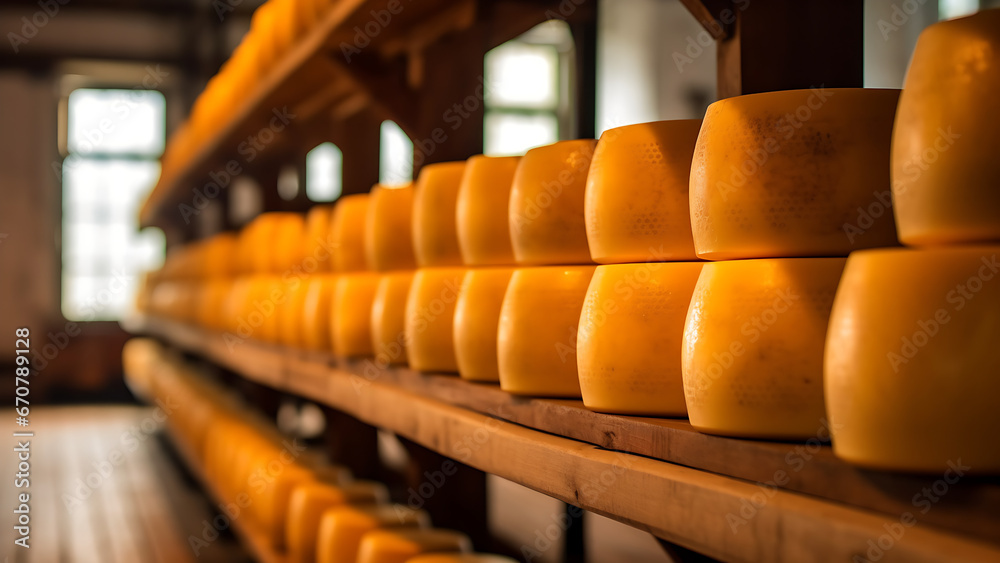 Yellow dutch cheese on a wooden shelf in a cheese factory. - obrazy, fototapety, plakaty 