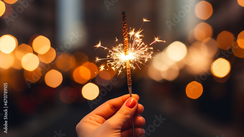 Hands holding fireworks on background of stylish decorated illuminated tree.