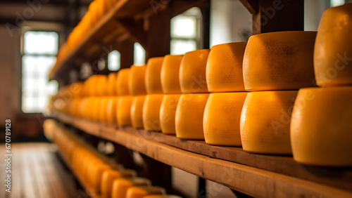 Yellow dutch cheese on a wooden shelf in a cheese factory. photo