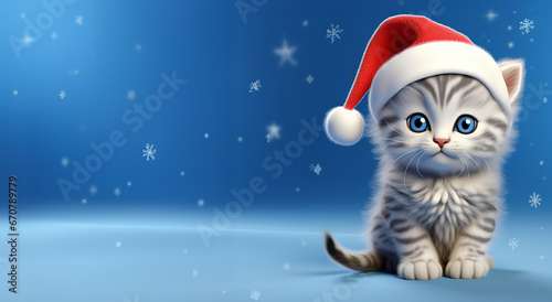 Cute cartoon cat with Santa hat, blue background, snow © GS Edwards Studio