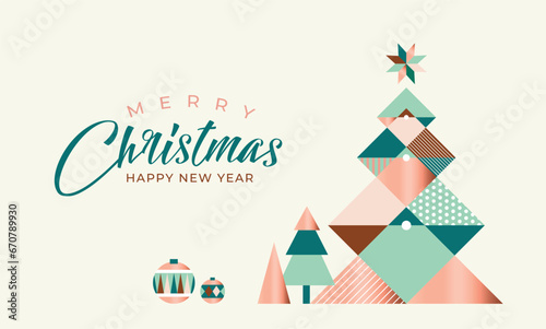Merry Christmas and Happy New Year illustration of gold luxury christmas pine tree frame with geometric art deco style element for elegant holiday celebration.