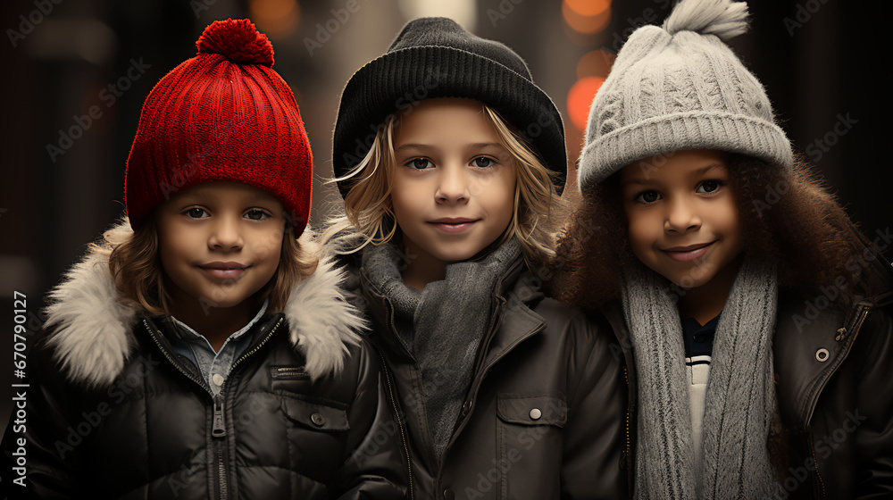 Stylish children wearing white Christmas - winter outfits - sunglasses - fashion - holiday - cool - meticulously posed - whimsical joy - holiday spirit - boundless energy - winter