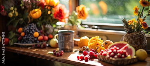 Colorful fruits and a flower adorn a table inside a caravan in Switzerland