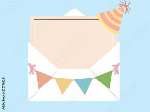 blank happy birthday card theme in white envelope on blue and transparent background