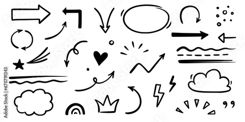Line arrow, underline, round frame hand drawn vector element set. Hand drawn doodle scribble text highlight, underline, arrow pen stroke style. Doodle grunge rough element. Vector illustration.