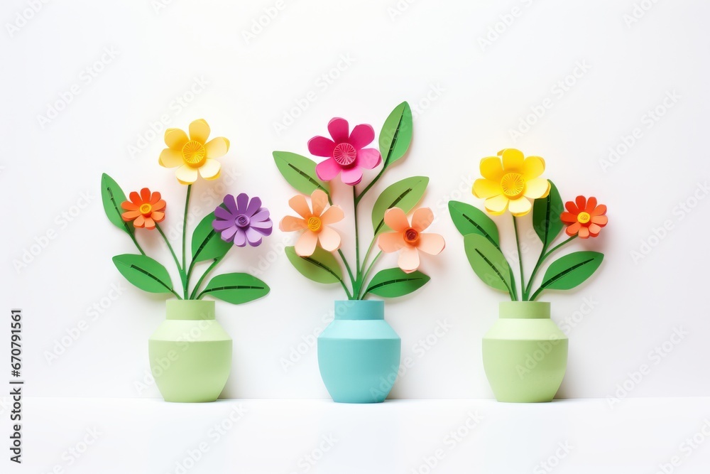 Flowers Plant Background in Papercraft Style, Floral Banner with Blooming Flowers and Leaves.