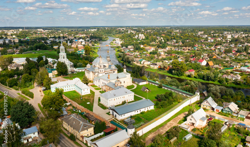 Picturesque city landscape of Torzhok city with Borisoglebsky male monastery, Russia