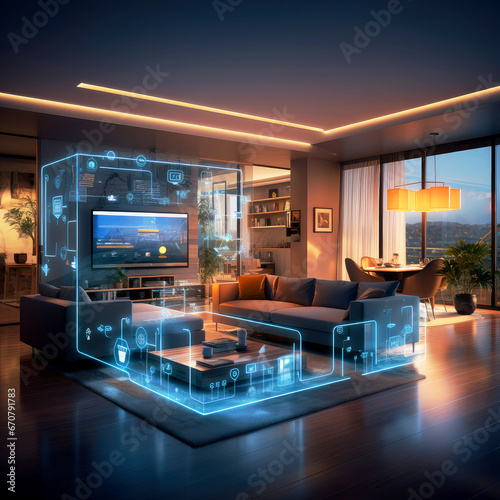 Glowing smart home interface icons over living room interior © Ai-Pixel