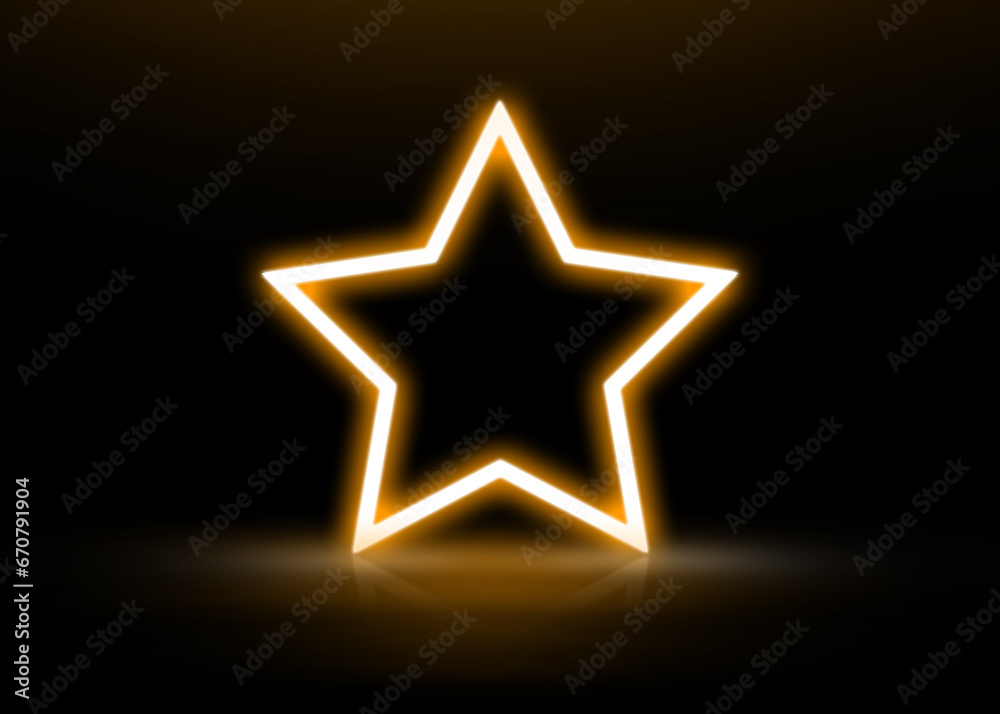 Obraz premium Glowing star-shaped orange neon frame on black background, space for text