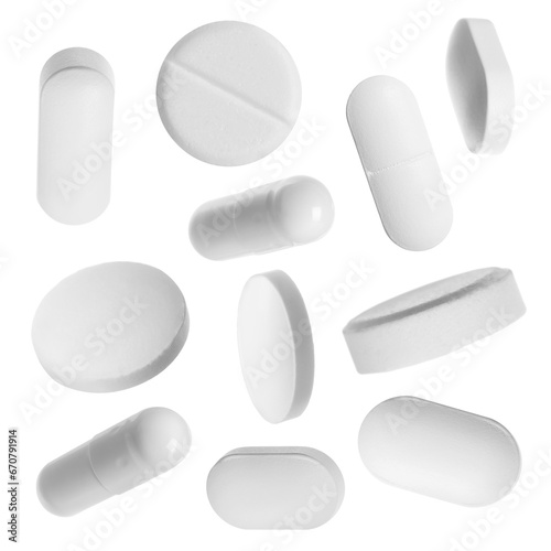Many different pills isolated on white, collection