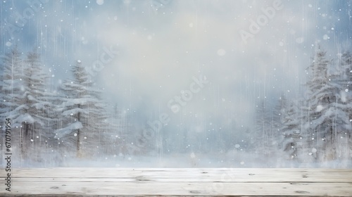 Winter Table - Snowy Plank With Snowfall In The Cold Sky, generative ai
