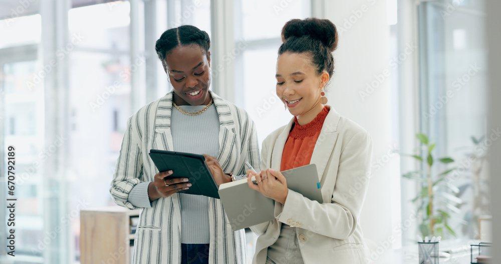 Business people, teamwork and women with a tablet, brainstorming and connection with digital app, productivity and planning. Notebook, manager or employee with technology, cooperation and partnership Business people, teamwork and women with a tablet, brainstorming and connection with digital app, productivity and planning. Notebook, manager or employee with technology, cooperation and partnership
