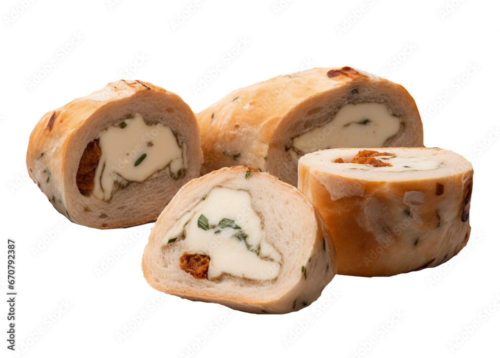 Goat cheese stuffed rolls on transparent background. Generative AI. Goat cheese stuffed rolls on transparent background. Generative AI.