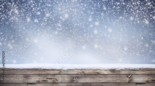 Winter Table - Snowy Plank With Snowfall In The Cold Sky, generative ai