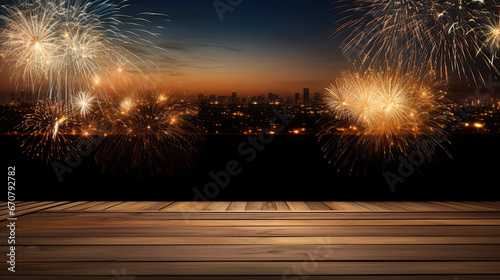 empty wooden table with fireworks on background. copy space for product display and mockup