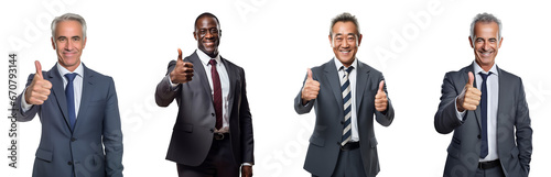 Set of Portrait of a middle aged business man happy smiling and hands showing thumb up in approval, recommending, isolated on white background, png