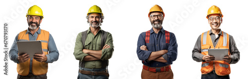 Set of Portrait of a middle aged man engineer smiling and wearing a helmet. Standing posing arms crossed and hand holding using tablet computer, isolated on white background, png