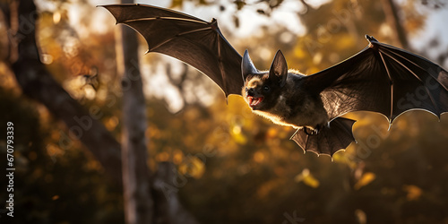 Halloween bat flies on a dark background, Majestic Flying Bat in Natural Beauty Generative Ai photo