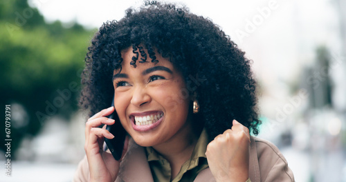 Phone call, excited or woman in city for winning a competition, good news or goal achievement. Yes, winner or happy worker cheering for success celebration, bonus or reward in urban street with smile