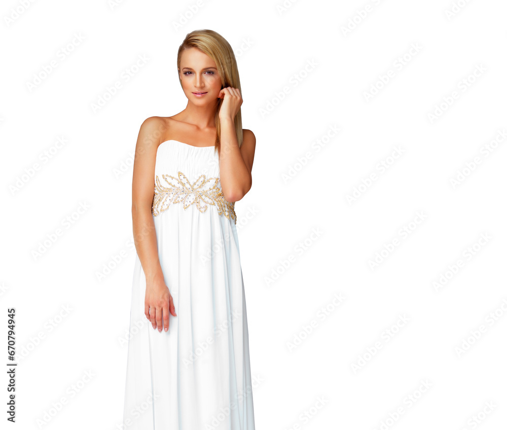 Fashion, portrait and confident woman in prom dress isolated on a transparent png background. Style, gala and female model with luxury gown, clothes for party and wedding aesthetic in Switzerland Fashion, portrait and confident woman in prom dress isolated on a transparent png background. Style, gala and female model with luxury gown, clothes for party and wedding aesthetic in Switzerland