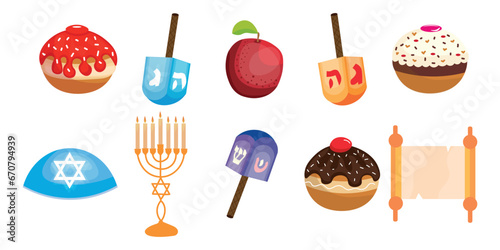 Set of Hanukkah symbols on white background