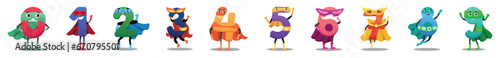 Set of figures in superhero costumes on white background