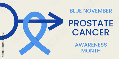 Symbol of man and blue ribbon on light background. November is a Prostate Cancer Awareness Month