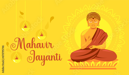 Banner for Mahavir Jayanti with meditating Buddha © Pixel-Shot