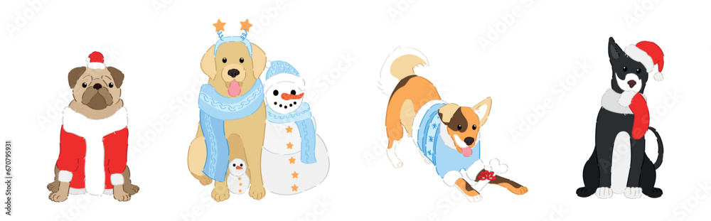 Set of funny dogs on white background. Christmas celebration Set of funny dogs on white background. Christmas celebration