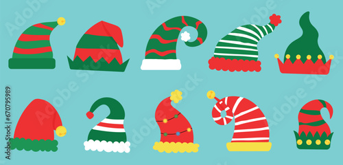 Set of Christmas elf's hats on blue background