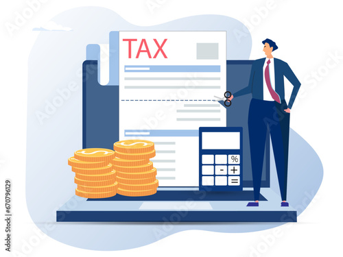 Successful businessman cuts heavy taxes with scissors. Tax deduction. Concept of tax return, optimization, duty, financial accounting. Vector illustration.