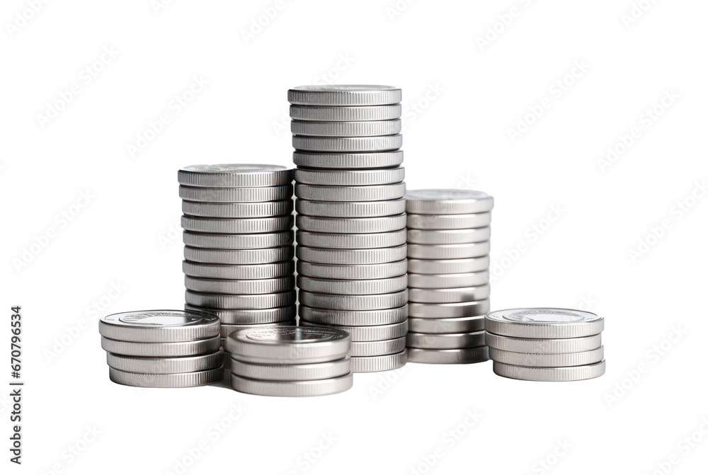 Stacked silver coins isolated on a transparent background created with Generative AI technology Stacked silver coins isolated on a transparent background created with Generative AI technology