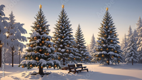 Christmas tree, snowy day, Generative AI  photo