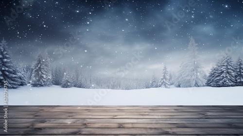 Winter Table - Snowy Plank With Snowfall In The Cold Sky, generative ai © Nia™